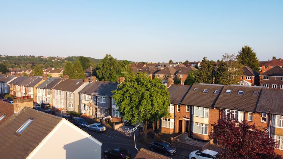 An aerial view of a residential street in Newington during daytime, showing a row of terraced houses with brick and painted facades, some with bay windows and pitched roofs. Several cars are parked along the curb, and a large leafy green tree is centrally located, partially shading nearby homes. The street appears quiet and well-maintained, with sidewalks on both sides, and the background reveals more houses extending into the distance under a clear blue sky. The scene captures a typical suburban neighbourhood setting, relevant to house removals and furniture transport services offered by Man with Van Newington, illustrating the environment in which home relocation and packing and moving activities take place.