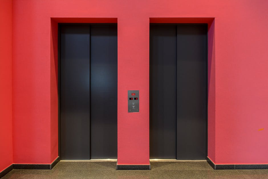 A pair of closed elevator doors with a smooth black finish are embedded into a vibrant red wall. Between the elevators, there is a slim, rectangular control panel with red and black buttons and indicator lights. The floor beneath the elevators is covered with dark, textured tiles, and the lighting creates subtle reflections on the elevator doors, emphasizing their sleek surface. This scene captures a typical residential or commercial building lobby, where the elevators are prepared for a home relocation or furniture transport process, showcasing the accessibility features used during a professional removals service. The image visually supports the logistical aspects of house removals, including elevator access for moving larger items and careful attention to the environment in which items are loaded or unloaded, consistent with the services offered by Man with Van Newington.